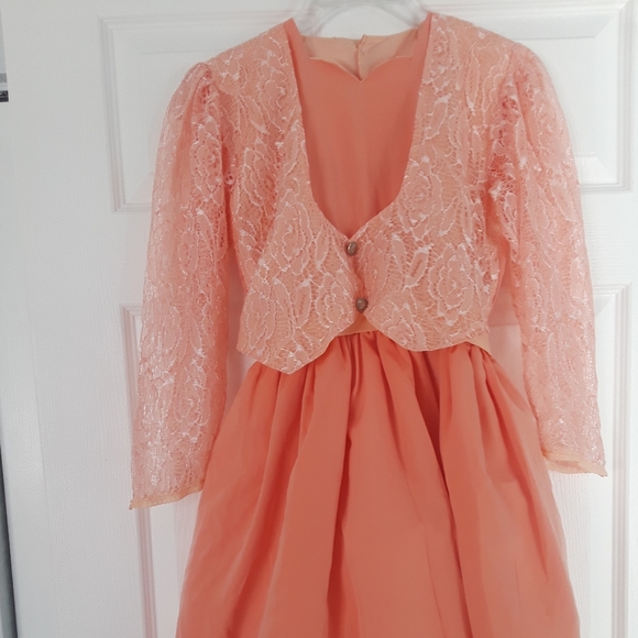 Girl' Peach Long Sleeve Lace Dress - Picture 3 of 10